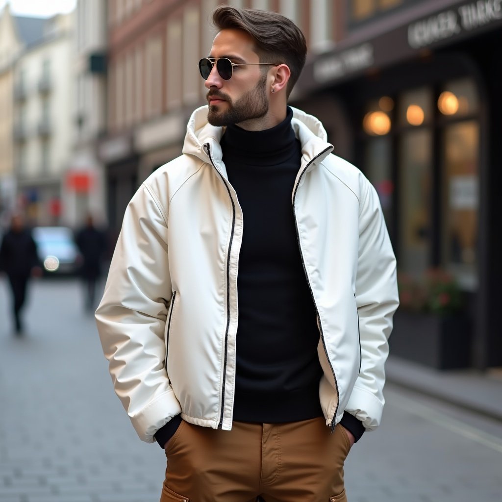 Man wears a white jacket over a black turtleneck and brown cargo pants. He stands in a city street with shops in the background.