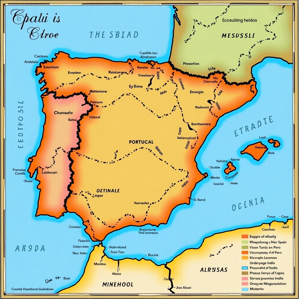 Generate a historical map showing the Spanish Empire under Philip II. Include territories such as Castile, Aragon, Navarre, Portugal, Netherlands, Franche-Comté, Milan, Sicily, Sardinia, Naples in Europe. In America, show Viceroyalty of New Spain and Peru, Brazil in Africa, and territories in Asia and Oceania.