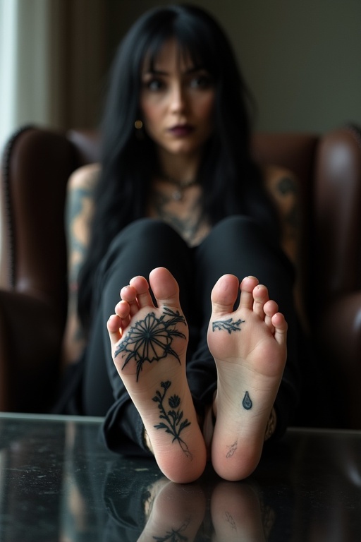 Image features a goth woman with long black hair. Her feet are prominently displayed. Soles of her feet are tattooed. She wears dark goth clothing. The setting includes a glass table and an armchair. The focus is on her feet and tattoos.