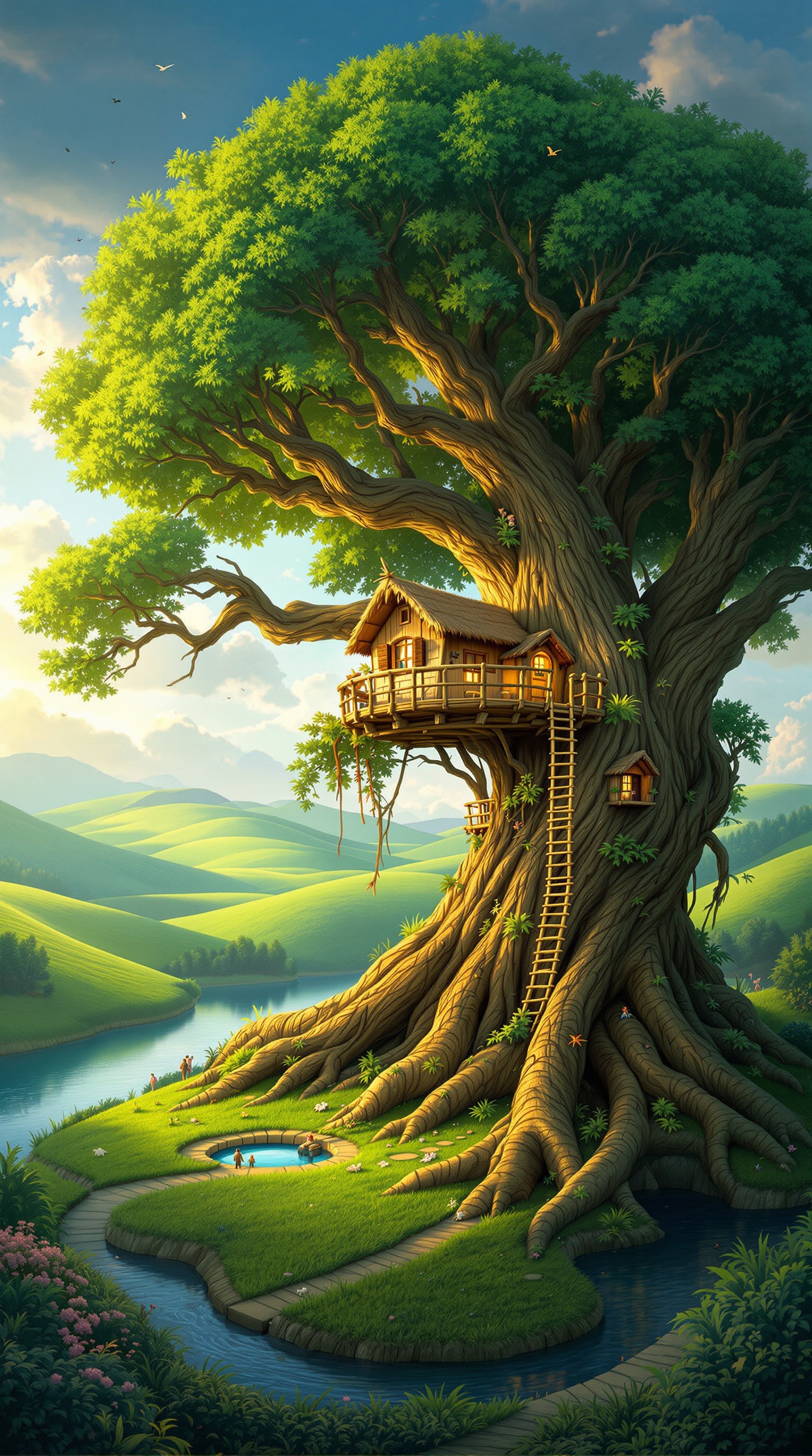 Treehouse constructed with thatched roof. Rustic wooden walls create charming appearance. Elevated on stilts supported by tree branches. Wooden ladder leads to entrance. Small windows and balcony enhance cozy look. Massive ancient tree with thick gnarled trunk. Textured weathered bark shows age of tree. Sprawling roots extend into the ground. Lush green landscape with rolling hills. Winding river in background. Surrounding area filled with vibrant greenery. Small pond or stream at tree base reflects landscape. Blue and gray sky with fluffy clouds. Sunlight breaking through creates warm glow.