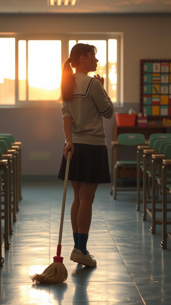 A young girl in a school uniform stands thoughtfully in a classroom, holding a mop as the warm sunlight beams through the windows. The image captures a serene moment of contemplation, enhanced by the soft lighting and shadows created by the setting sun. The empty classroom, with neatly arranged desks, adds a sense of calm and introspection to the scene.