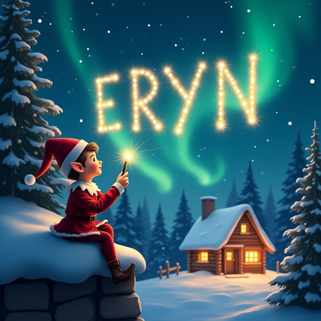 A charming scene featuring a boy elf on a shelf writing 'ERYN' in the sky using a shimmering wand. The elf is seated on a snowy ledge, gazing at a starry night filled with northern lights. In the distance, a cozy cabin glows warmly with lights, enhancing the festive atmosphere. As the elf writes, a sense of joy and Christmas magic fills the air. This delightful image captures the essence of holiday spirit, perfect for seasonal celebrations.