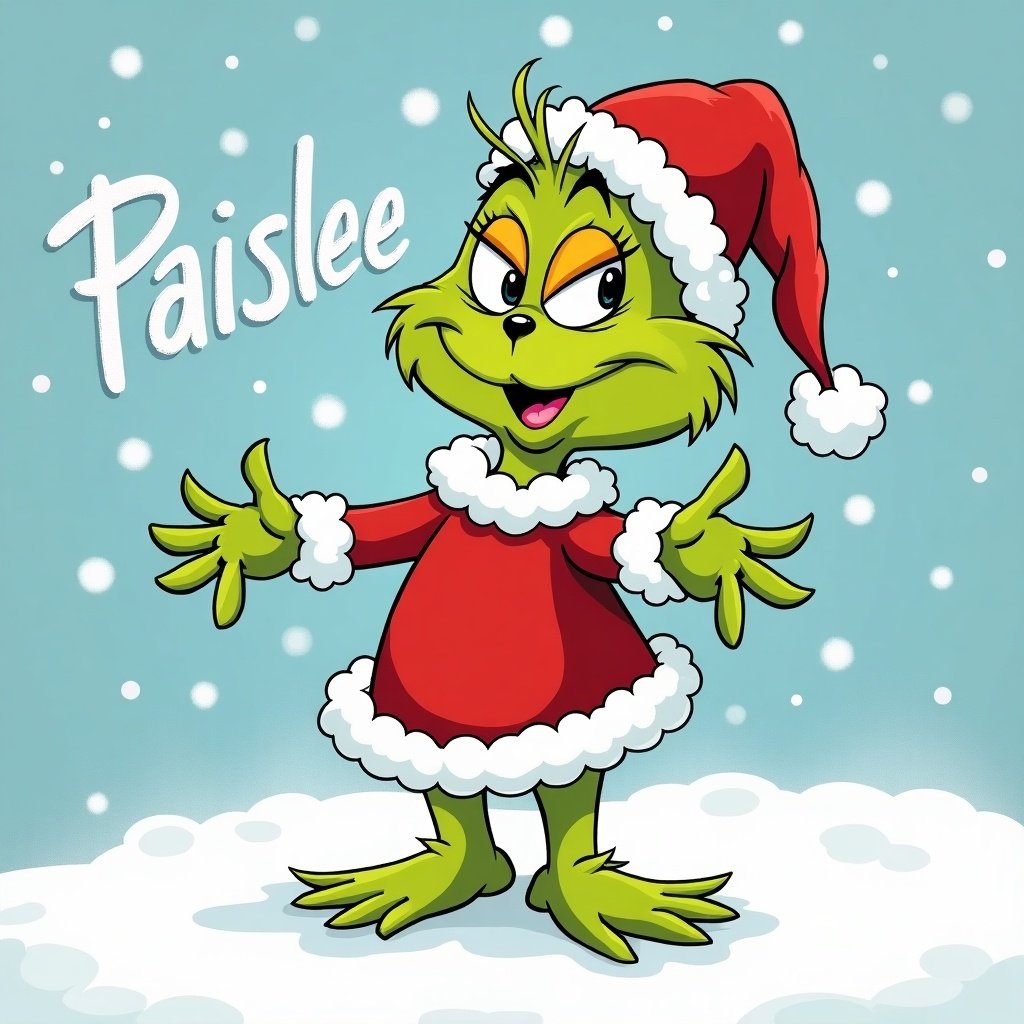 Grinch character dressed in a Santa outfit. The name 'Paislee' is written in the snow. Background features falling snowflakes. Illustration showcases bright colors with a green Grinch in red and white attire.