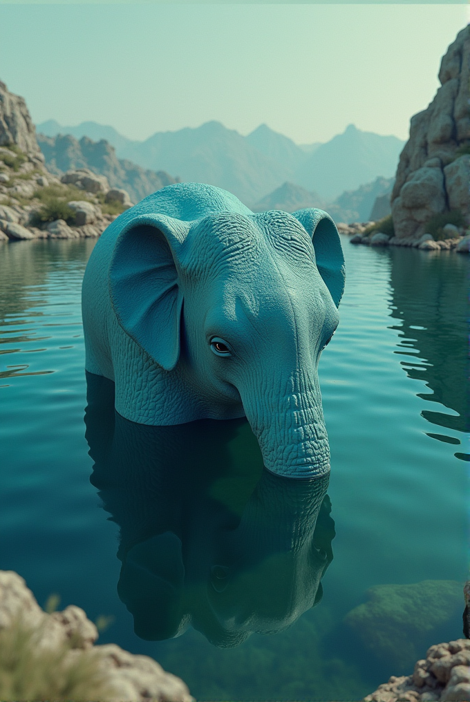 A blue elephant partially submerged in a calm, reflective body of water surrounded by rocky cliffs.