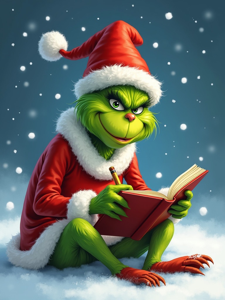 Grinch wearing Santa outfit sits in snow. He writes in a book. Snowflakes are falling. Scene looks festive. Green fur contrasts with red clothing.