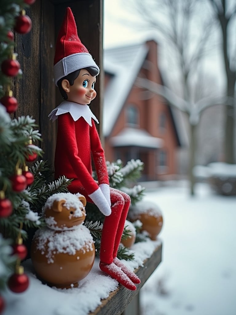 Traditional Elf on the shelf doll in a snowy neighborhood setting. The elf is dressed in red with white trim. Sits quietly atop a decorative snowman. Surrounding pines are adorned with red ornaments. Soft snow covers the ground and rooftops. Message of farewell.