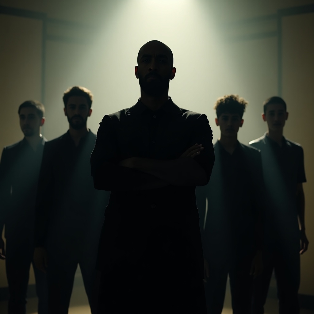 This image showcases a moody and dramatic silhouette of a man standing front and center with his arms crossed. Behind him are his sons, slightly out of focus, creating a sense of depth. Strong light beams penetrate the darkness, adding to the atmospheric quality. The composition highlights themes of strength and familial connection. This scene captures the essence of support and unity within a family in the context of sports.