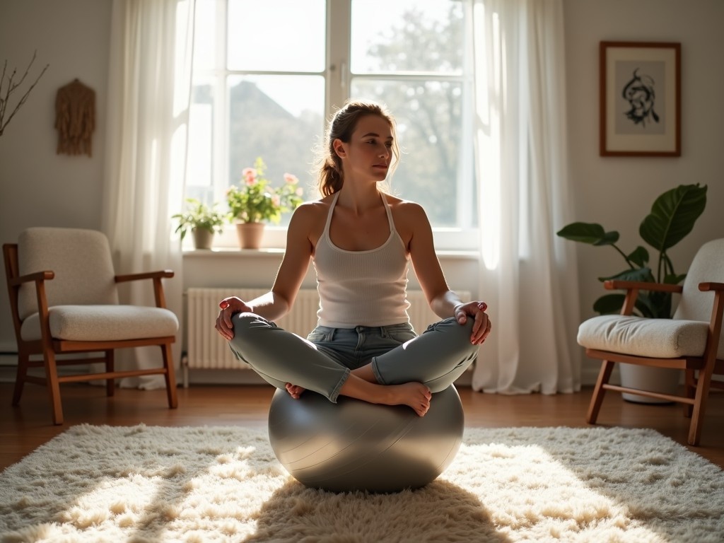 The image features a cute young Danish woman sitting cross-legged on a silver yoga ball in a lovely sunlit living room. Natural light pours in through large windows, illuminating the cozy space. The room is decorated with plants and artistic pieces, creating a serene and inviting atmosphere. The woman appears calm and focused, embodying relaxation and mindfulness. This scene captures the essence of a healthy and balanced lifestyle in a beautiful Danish home.