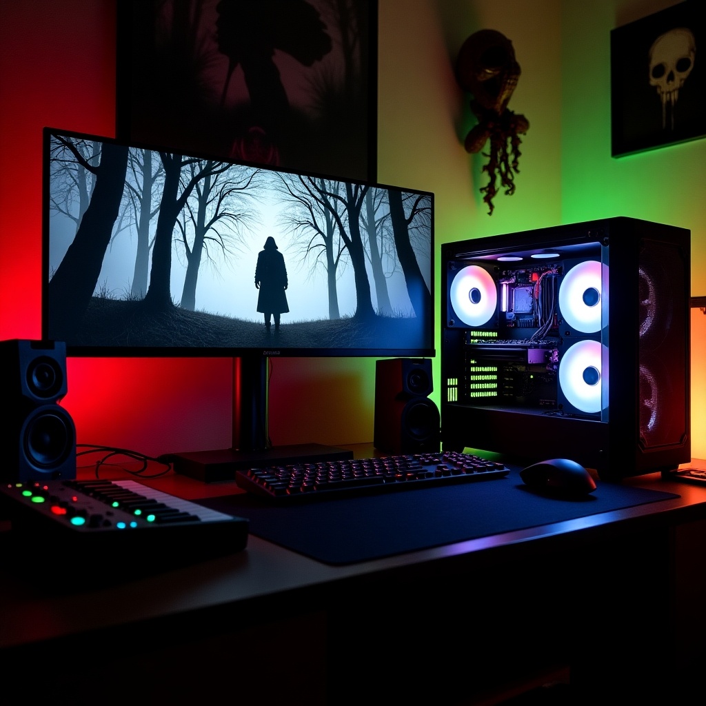 An elaborate gaming and music production setup in a dimly lit room. Dual monitors display dark gothic wallpaper with gnarled trees. A vivid glowing computer tower with LED fans. Below are a keyboard and mouse with a MIDI controller on the floor. The ambient lighting is red and green. Decorations like a spooky painting enhance the aesthetic.