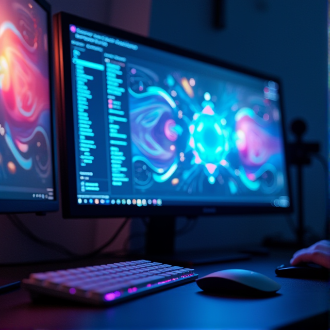 A dual monitor computer setup with vibrant, abstract digital art and glowing peripherals in a dimly lit room.