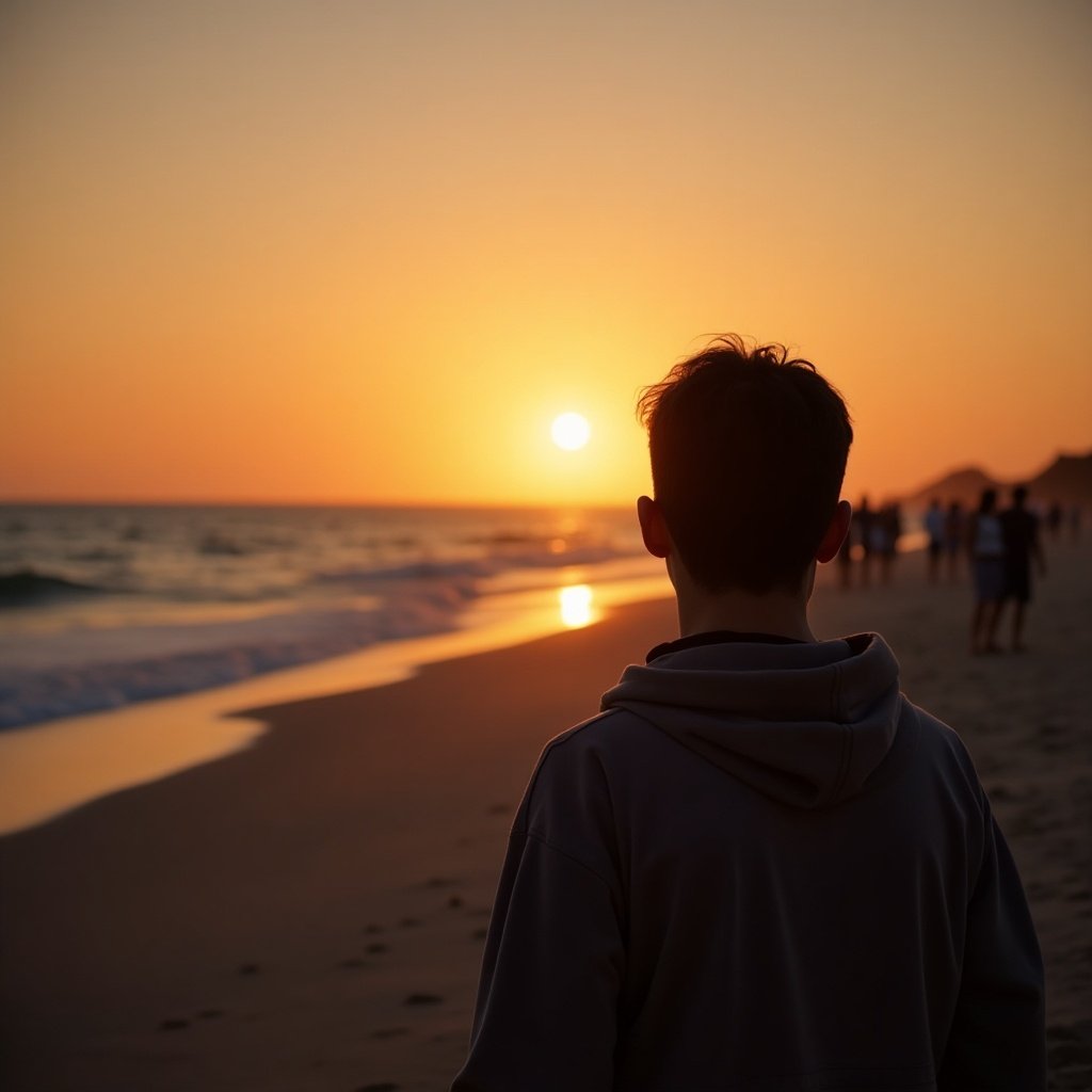 Person standing on the beach looking at the sunset. View is from behind the person. Soft waves lap at the shore. Warm colors light up the sky. People in the distance enjoy the scene.