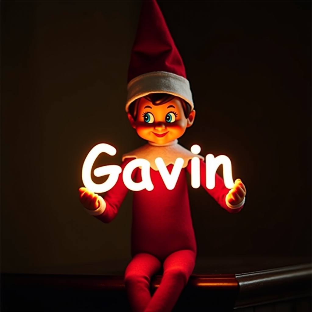 This image features an elf on the shelf character, dressed in traditional red and white attire. The elf is holding a glow stick that forms the name 'Gavin' in bright, soft light. The background is dark, which enhances the glowing effect of the text. It creates a warm, festive atmosphere, embodying the joy of the holiday season. The scene evokes feelings of magic and cheer associated with Christmas celebrations.