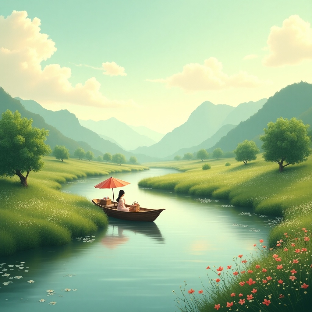 A serene landscape featuring a woman in a boat on a calm river. Surrounding mountains and lush green meadows are visible. Flowers bloom along the riverbank under soft sunlight.