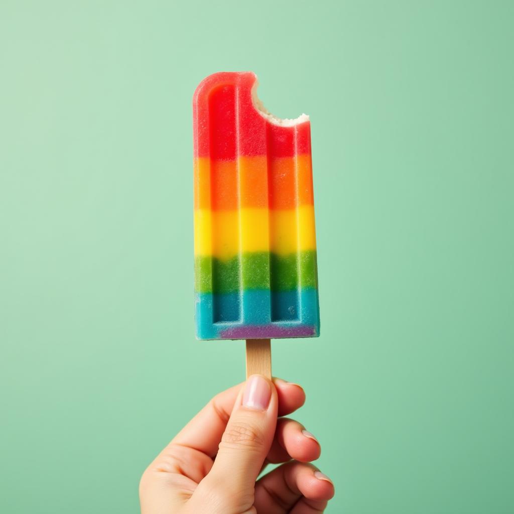 A hand holds a colorful rainbow popsicle with a bite taken out, against a light green background.