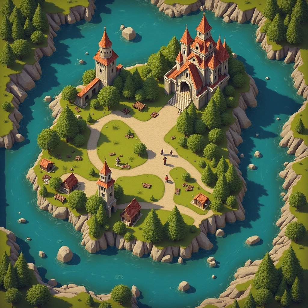 Colorful fantasy game map featuring a castle and other landmarks in a river setting. Aerial perspective showing paths and greenery surrounding the structures.