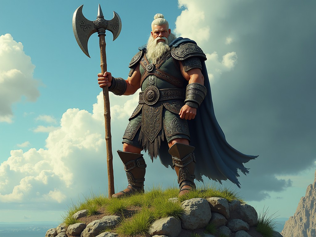 A Viking warrior standing on a rocky hilltop under a bright sky, holding a large battle axe. The setting is a fantasy landscape.