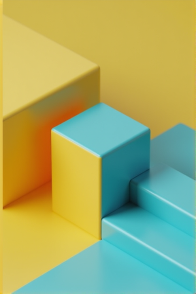 A blue cube rests on a yellow surface surrounded by geometric shapes.