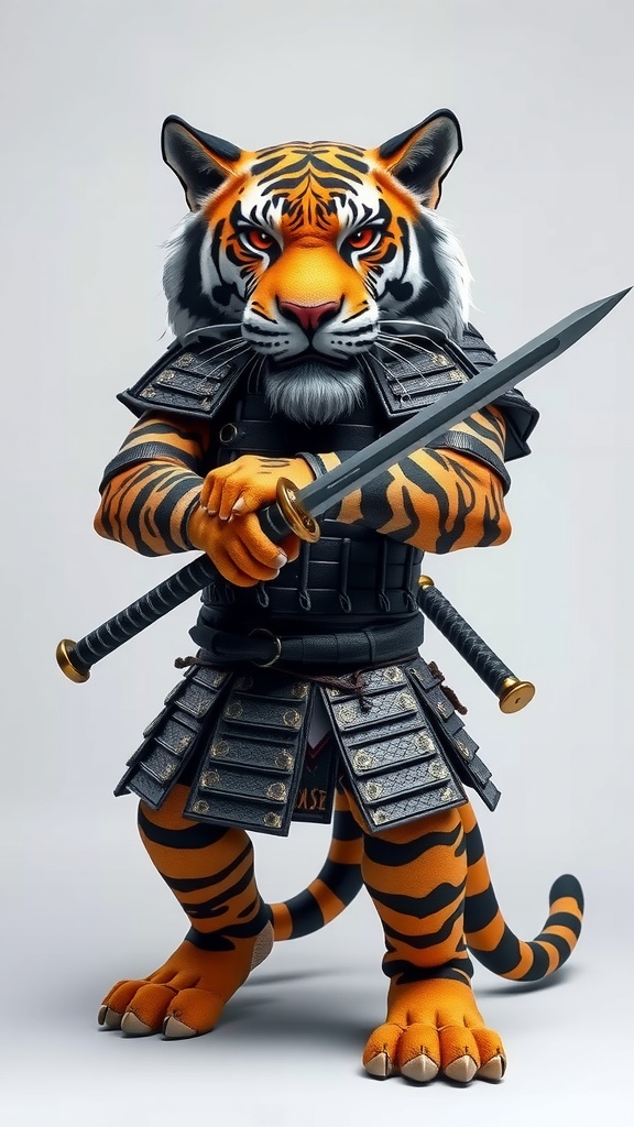 The image features an anthropomorphic tiger dressed in traditional samurai armor, holding a katana with both hands. The tiger's facial expression is fierce and determined, with vibrant orange and black fur complementing the metallic sheen of the armor. The background is a simple light gradient, emphasizing the tiger's imposing presence.