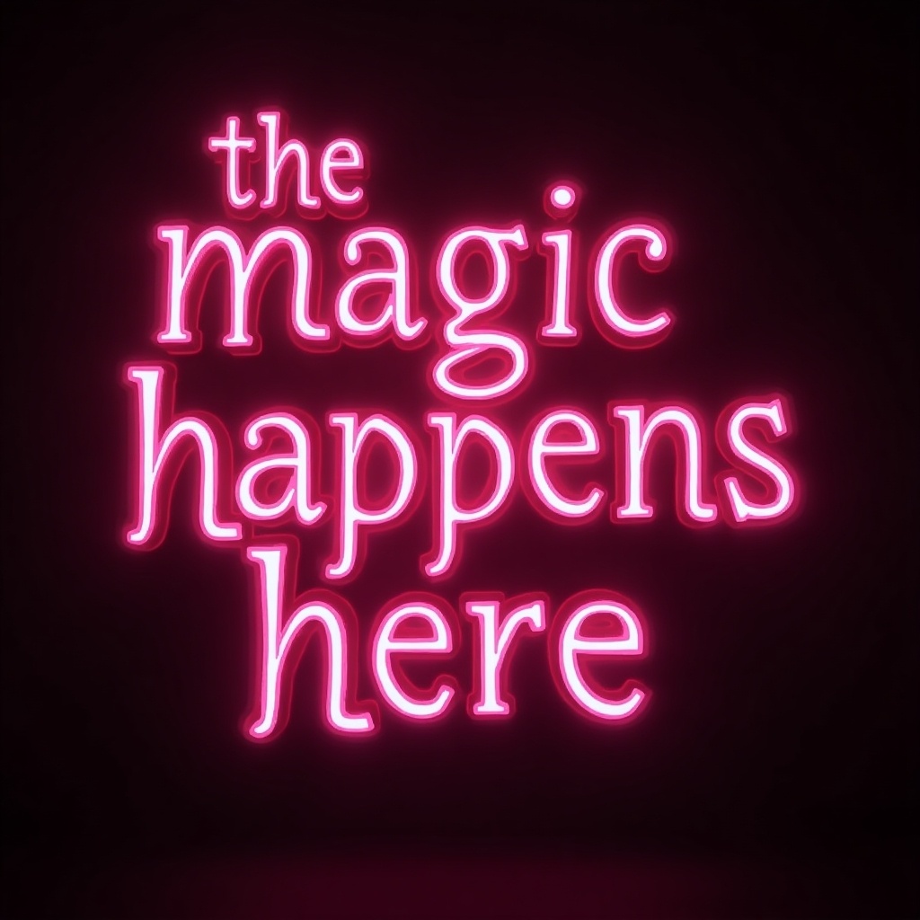 The image presents a striking neon sign that reads 'the magic happens here.' The color scheme predominantly features bright pink against a black background, enhancing the visual impact. Each word is inclined, lending a dynamic feel to the message, except for the word 'HAPPENS,' which stands vertically. This creative layout draws attention and communicates a lively and enchanting vibe. Ideal for promotional uses where a sense of intrigue and excitement is needed.