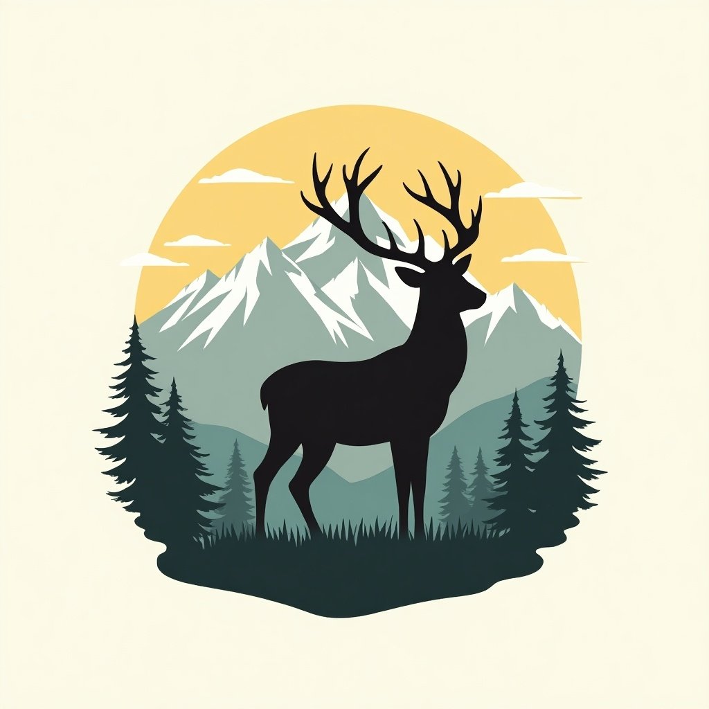 Logo design with a deer standing proudly. Behind the deer, mountains with snow caps. A golden sunset in the background. Clean and minimal aesthetic. Deer has impressive antlers and a strong posture. Mountains are stylized.