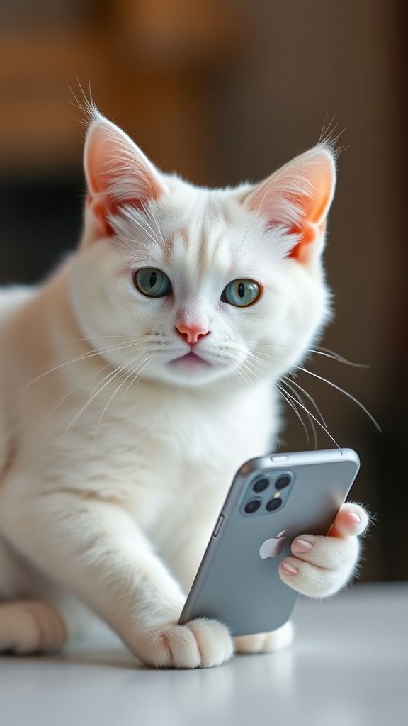 A white cat curiously holding a smartphone with a paw.