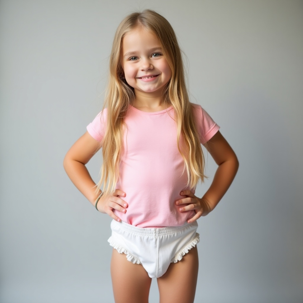 Image features a seven-year-old girl with long blonde hair in a fitted pink t-shirt and a white diaper. Soft gray background emphasizes youthful innocence. She poses relaxed with one hand on hip, radiating confidence. Soft lighting creates warmth. Scene captures early childhood moments, highlighting comfort and playfulness. Represents adorable toddler fashion in casual setting.