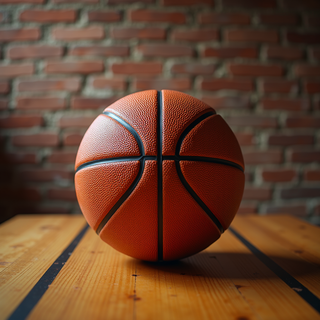 A basketball sits centered on a wooden table, with a textured brick wall as the background, creating a sporty and urban ambiance.