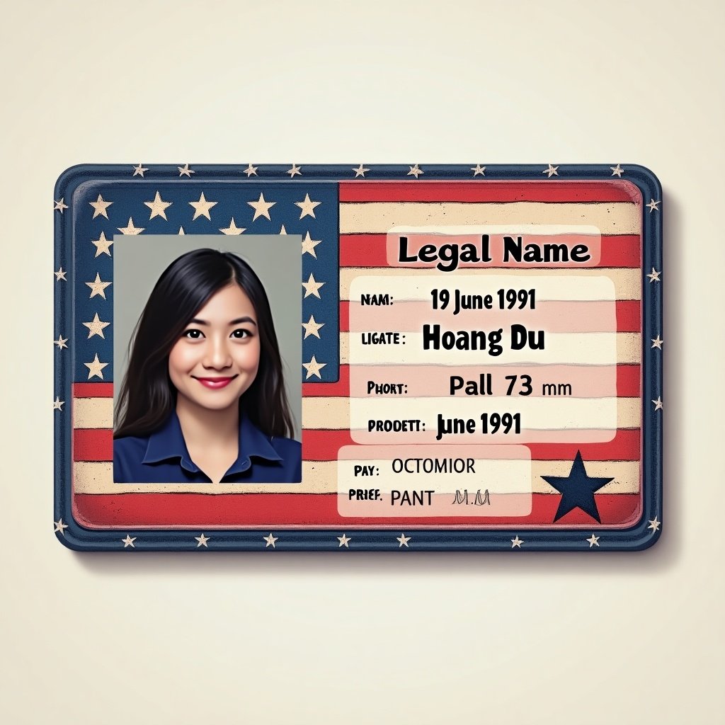 Create a novelty ID with an American flag theme. Legal name field has Hoang Du. Date of birth field shows 19 June 1991. Include fictional photo and details. Use vibrant colors.