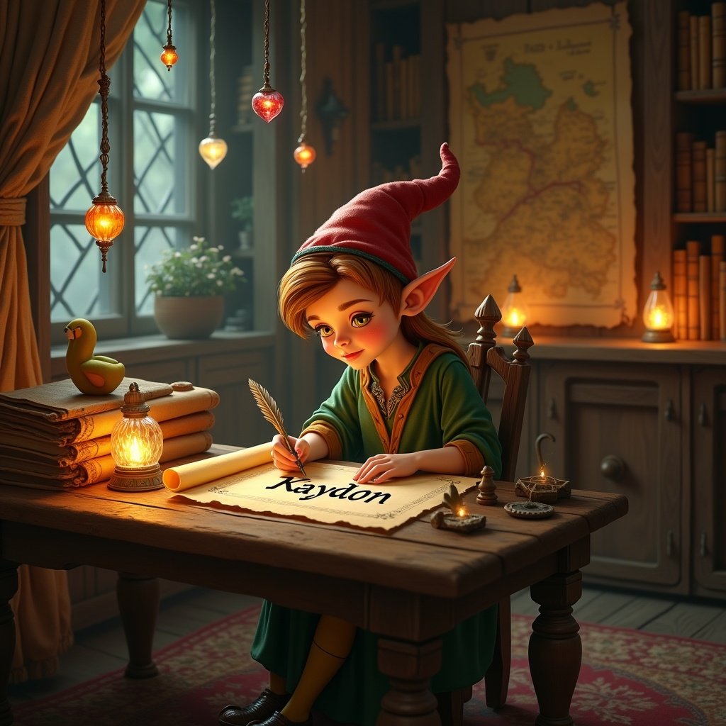 Elf character sitting at a desk writing a name on parchment with a quill. Cozy atmosphere with warm lighting and decorative elements in the room.