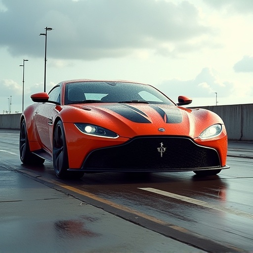 An orange sports car parked on a wet street. The car has a sleek design with prominent black stripes. It showcases dramatic lighting under a cloudy sky. The angle highlights its aggressive front features.