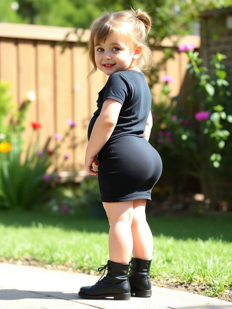 A young child in a black outfit smiling while standing in a garden.