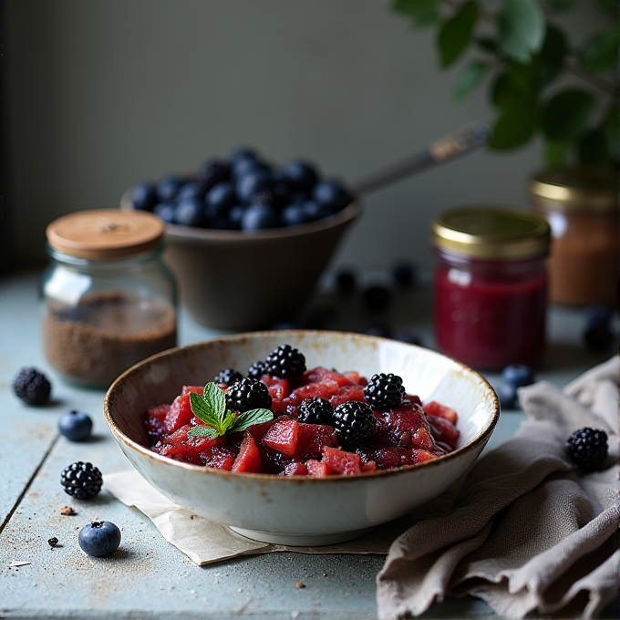 A rustic bowl filled with a red berry compote, garnished with fresh blackberries and mint, surrounded by blueberries, a jar of sugar, and preserve jars on a weathered table.