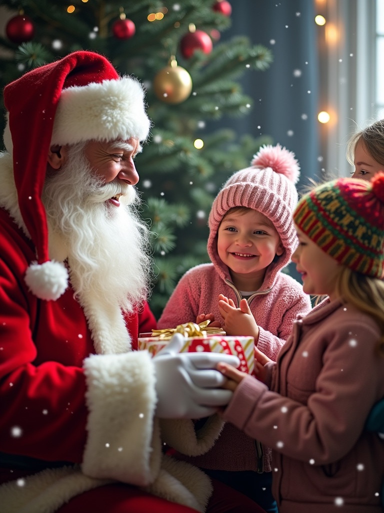 Image captures Santa Claus in a festive holiday scene. Santa in a traditional red suit hands gifts to children. Kids wearing colorful hats look joyful. Background features Christmas decorations and snowflakes falling.