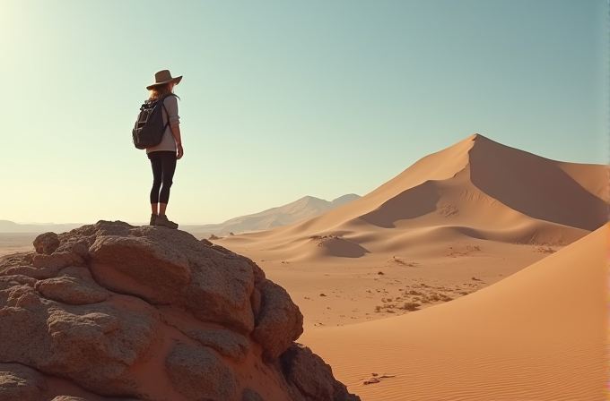 A person wearing a hat stands on rocks, overlooking vast sand dunes under a clear sky.