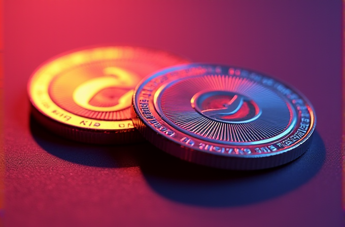 Two coins with embossed designs are illuminated by vivid red and blue lighting.