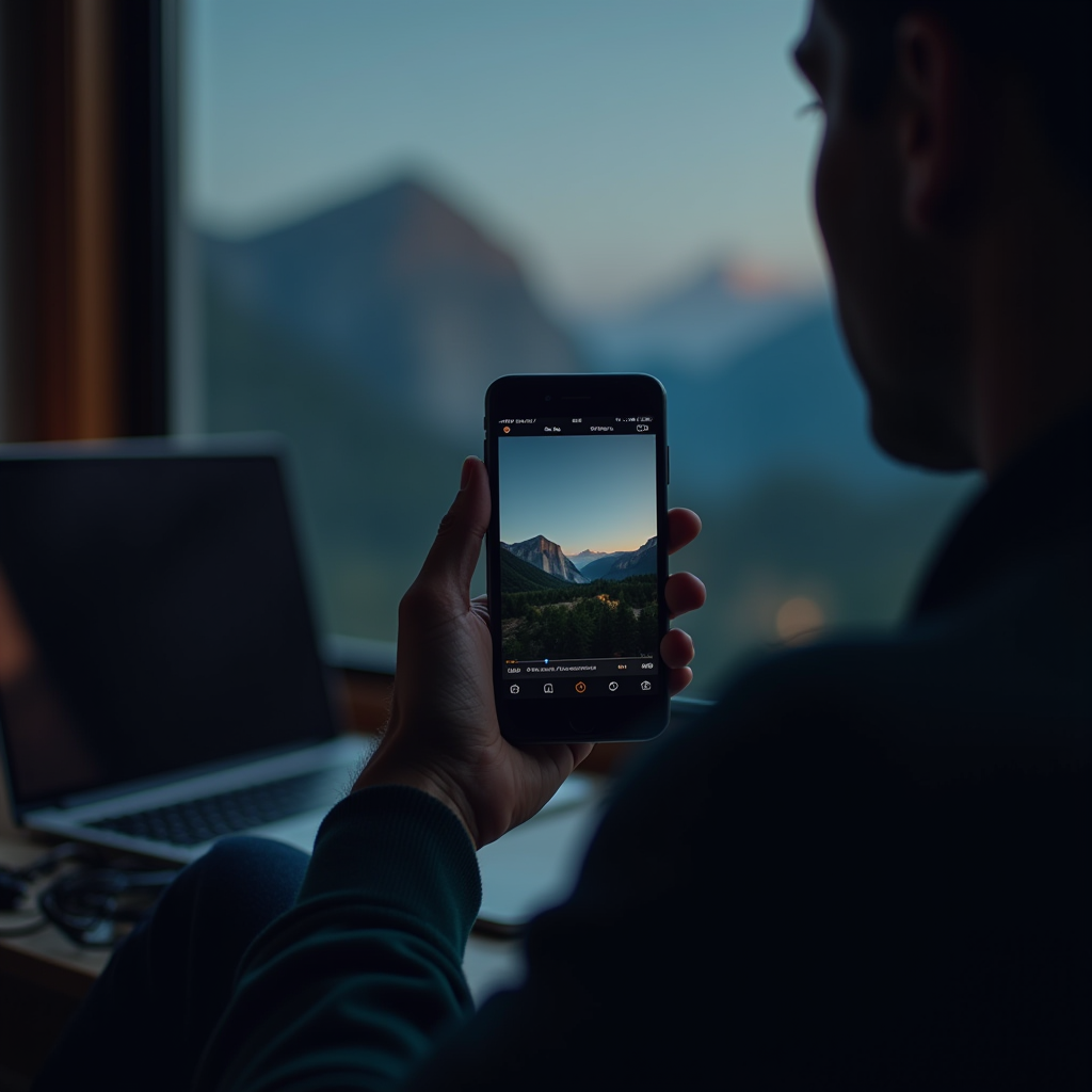 A person takes a photo of a scenic mountain view through a window with their smartphone.