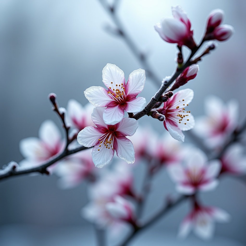 Image shows plum blossoms blooming in winter. Branches with white petals and pale pink buds are featured. Frost beads on petals reflect the cold. The scene conveys resilience and vitality. Highlights the unique charm of plum blossoms in winter.