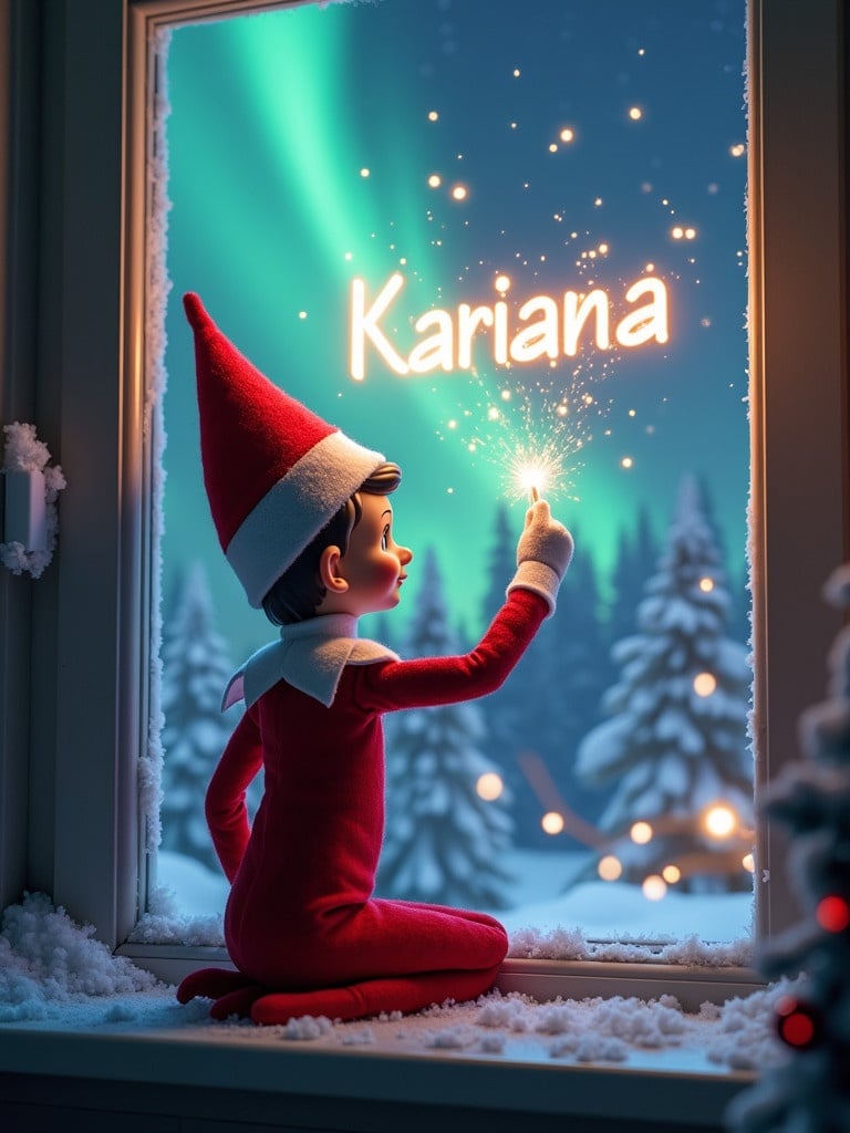 The image shows an elf on the shelf sitting on a window ledge. The elf is creating sparks that form the name Kariana. The background features beautiful northern lights. Snow-covered pine trees surround the scene. The elf wears a red outfit. The scene conveys a holiday spirit and a magical ambiance.