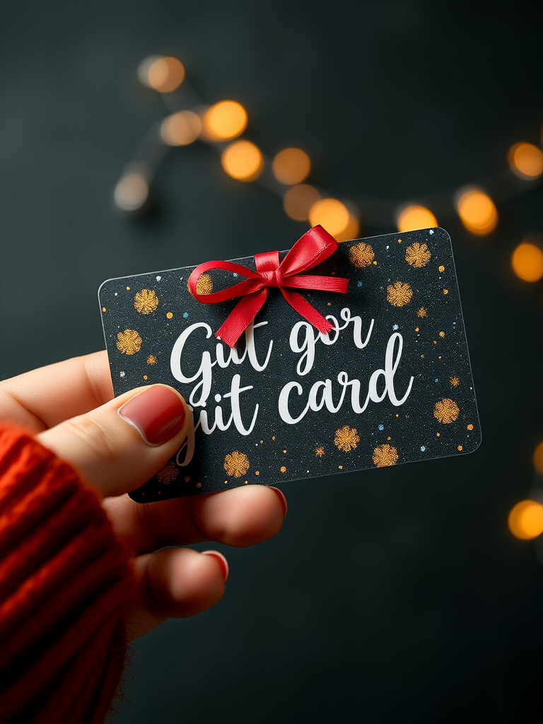 A hand holds a gift card adorned with a red bow, against a background of warm bokeh lights, evoking a festive and cheerful atmosphere.