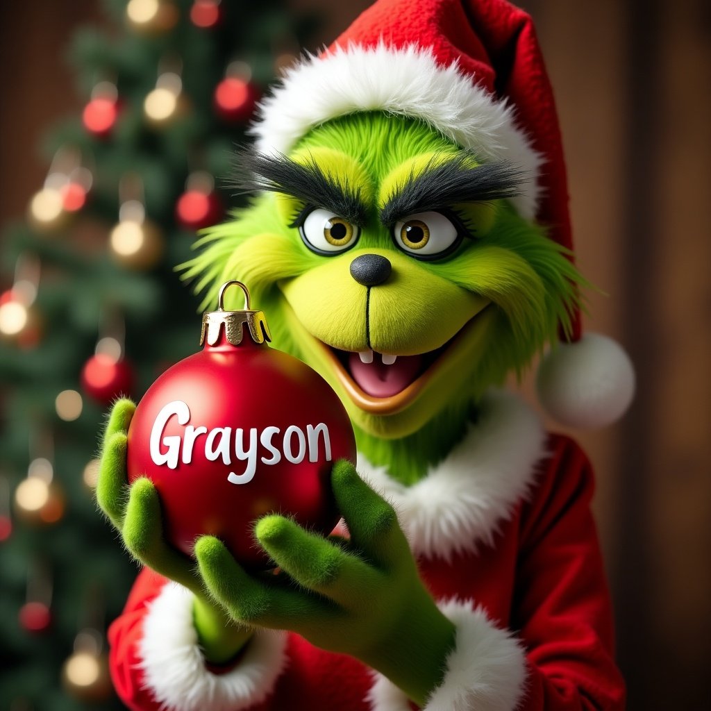 The Grinch is holding a red ornament with the name Grayson. The background has a Christmas tree. Grinch wears a Santa outfit.