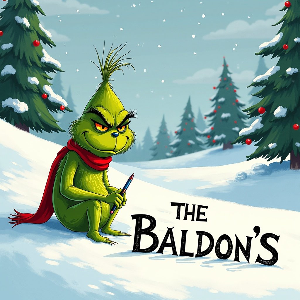 Grinch writing The Baldwin’s in snow. Scene includes snow-covered hills and evergreen trees. Grinch is green with a red scarf.