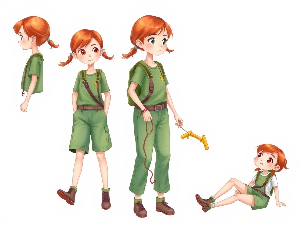 This image is a character design depicting a young girl with orange hair styled in pigtails, wearing a green and brown outfit. The character is portrayed in multiple angles and poses, including standing and sitting, adding depth to her adventurous persona. The playful and vibrant illustration exudes a sense of curiosity and exploration, appealing to a youthful audience.