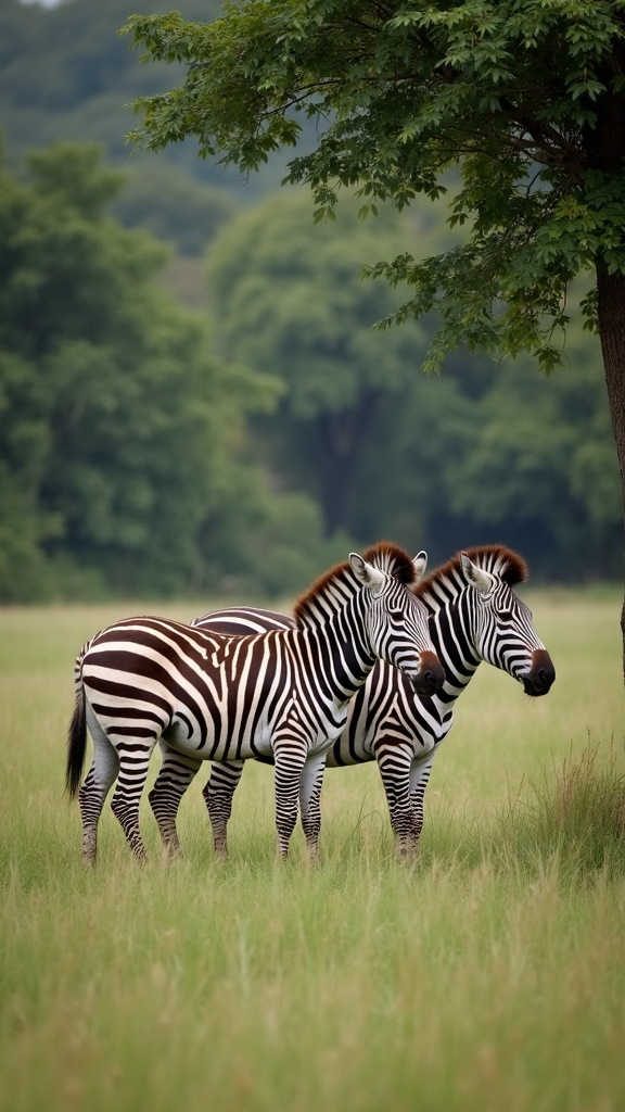 Two zebras standing in a lush green field under the shade of a tree.