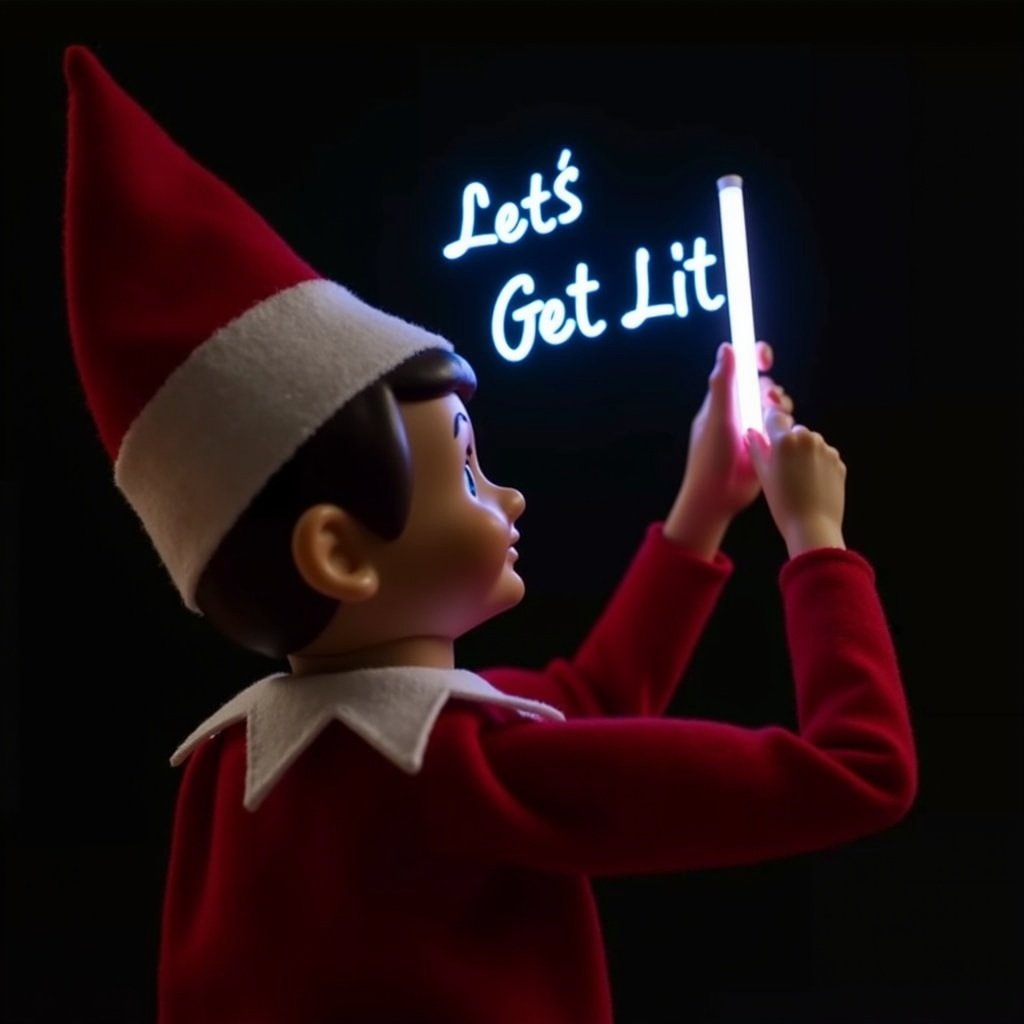 Elf on the shelf character dressed in red and white attire holding a glow stick. The glow stick forms the words 'Lets Get Lit' in bright light. Dark background enhances the glowing effect. Scene creates a warm, festive atmosphere, embodying holiday joy.