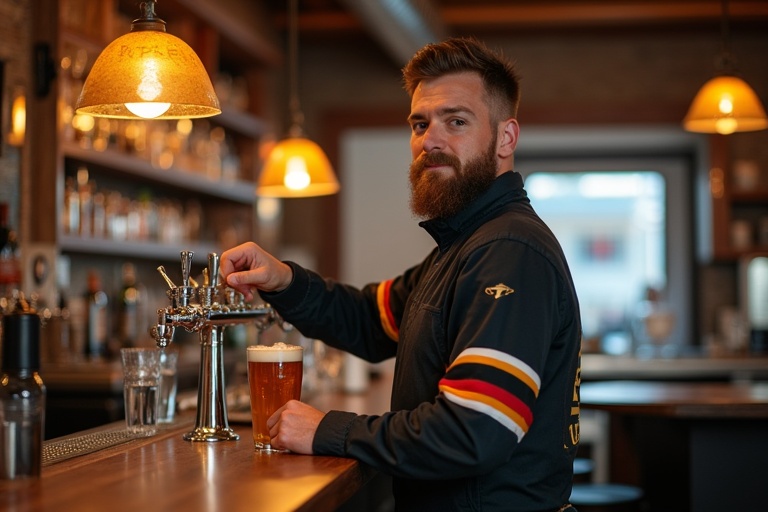 Bartender pouring beer behind the counter. Warm inviting environment with soft lighting. Bartender has an athletic appearance with past ice hockey experience.