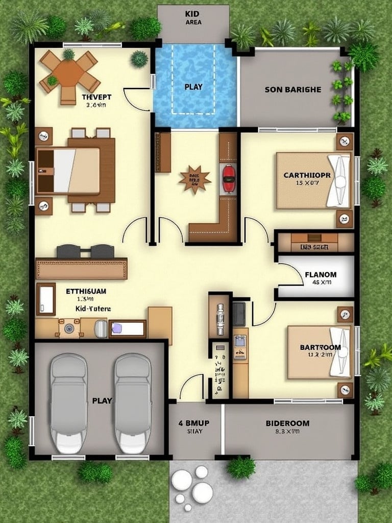 Farmhouse floor plan layout on 50x50 land. Includes kids play area and garden. Rooms are designed for comfort and family activities. Features are thoughtfully planned for ease of movement and harmony.