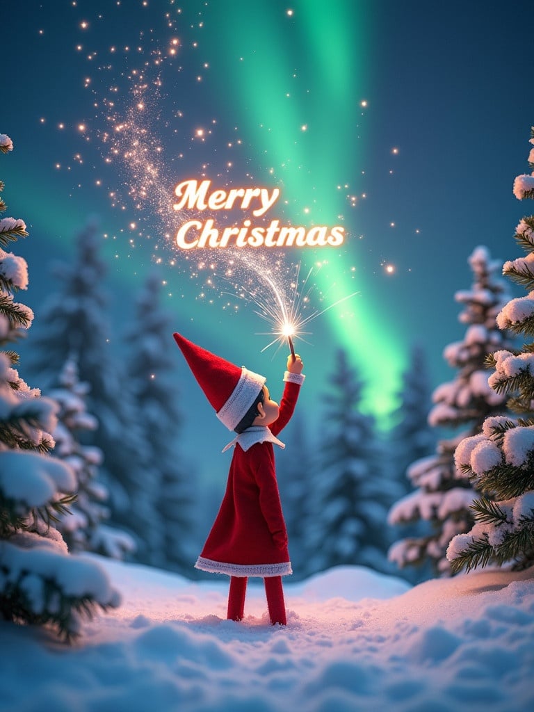 Enchanting Christmas scene featuring elf on the shelf dressed in red and white. Elf faces the sky with back to viewer. Elf wields a magic wand writing in sparkler script. Backdrop features vibrant northern lights. Snowy trees surround the scene. Christmas spirit is evident.