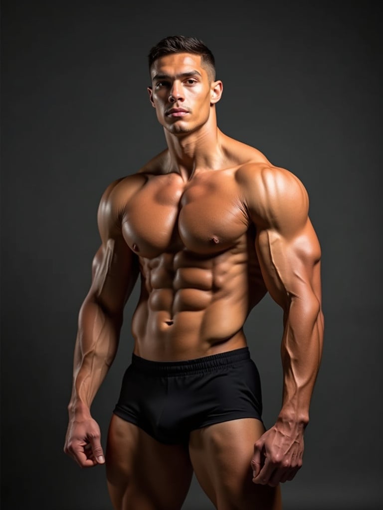 Image of a muscular male bodybuilder in a front pose. Focus on strong arms and a well-defined torso. Background is dark to accentuate the physique.