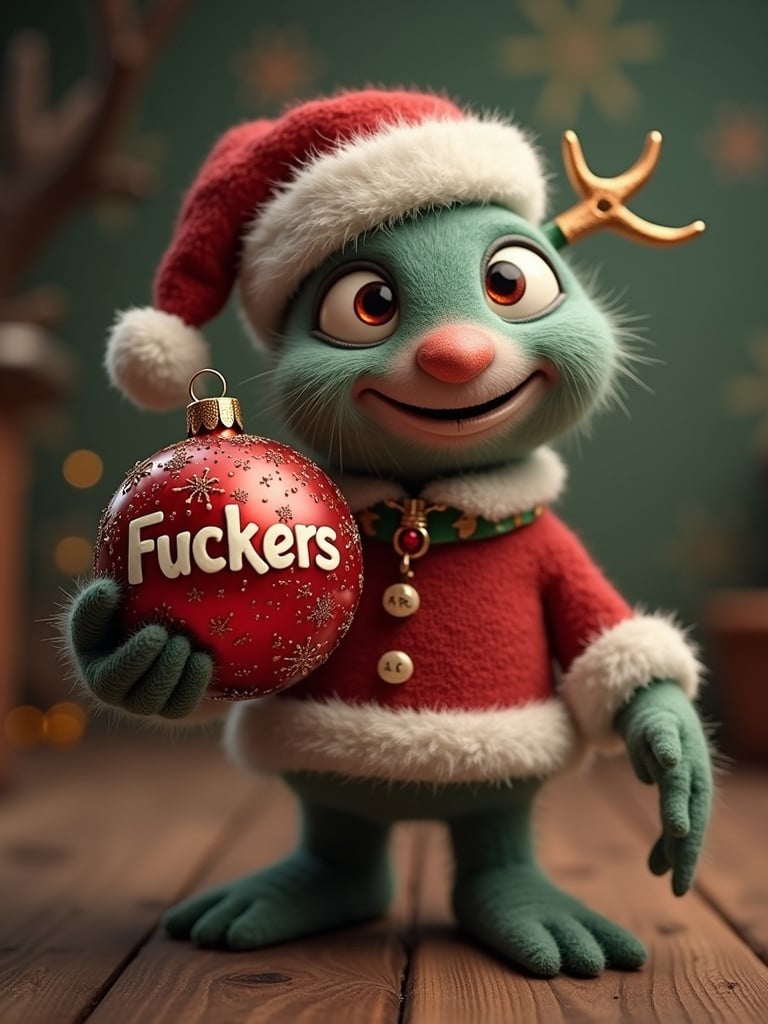 Bing character wearing a Santa hat and holding a Christmas bauble. Bauble has humorous phrase. Background festive and cozy with decorations.