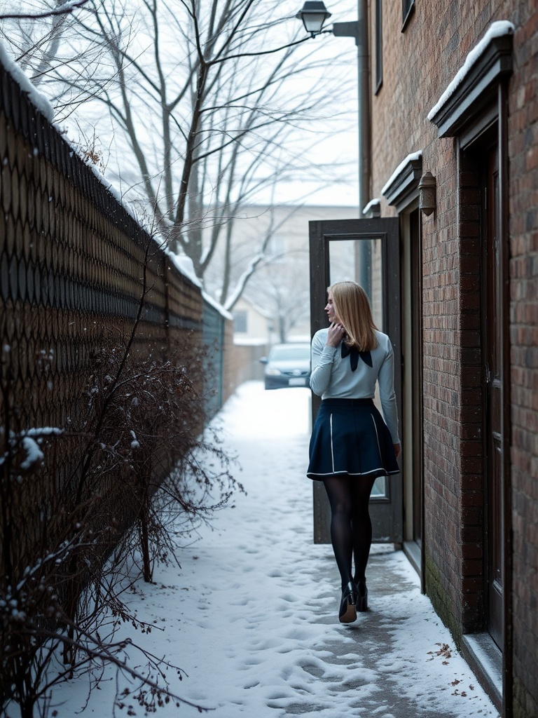 A young woman walks down a narrow alley on a snowy day, captured from behind. She is dressed in a stylish outfit, combining a white blouse with a navy blue skirt and black tights. The alley is bordered by brick walls and a fence lined with bare, snow-dusted branches, creating a stark yet serene winter scene.